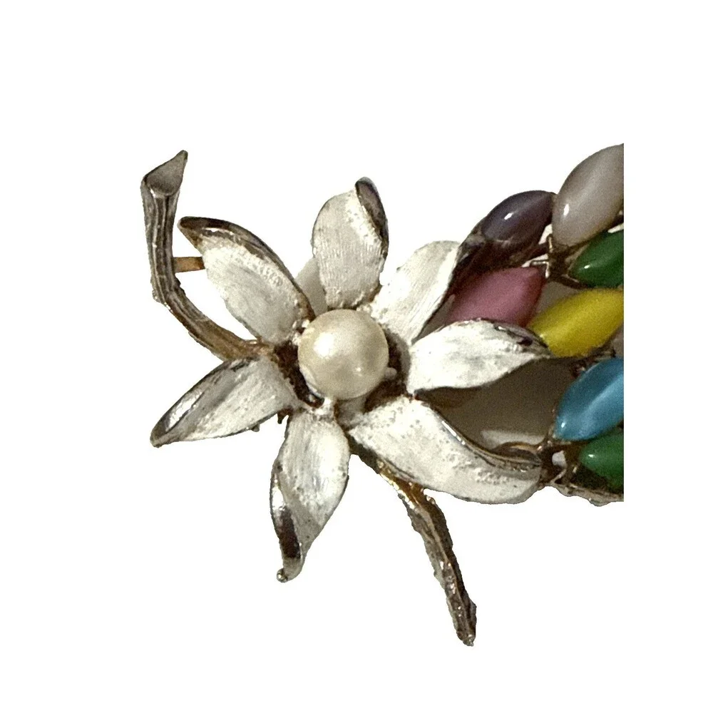 Vintage Floral Brooch Purple Pink Blue Yellow Cabochon White Enamel Pin 2.5